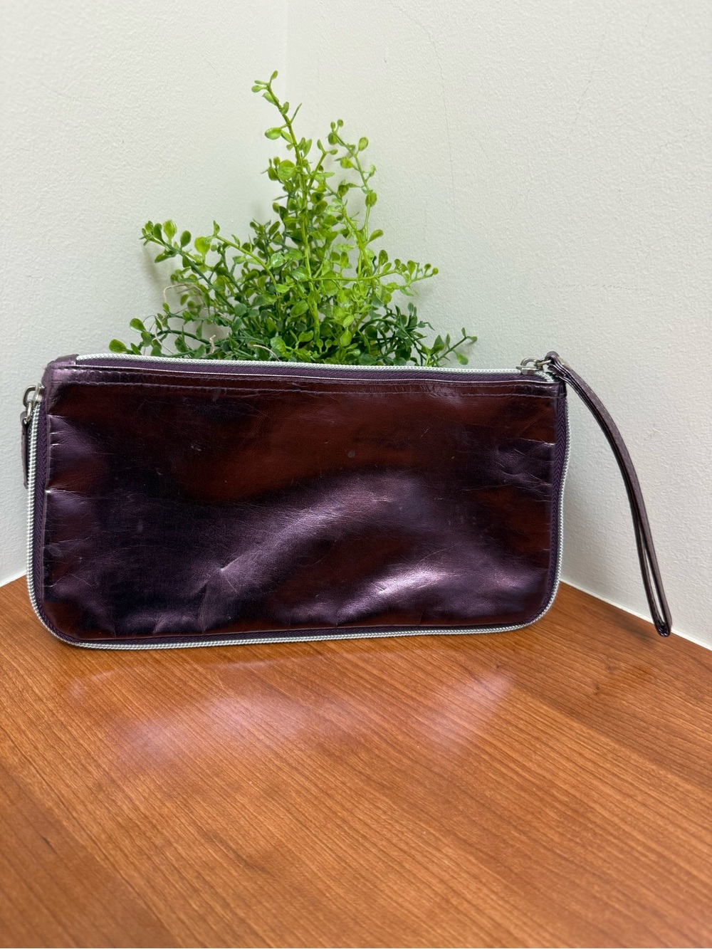 Lancome Plum Patent Leather Wristlet Clutch Makeup Zipper Bag